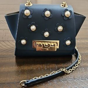 Zac Posen Navy Pearl Flower Chain Crossbody Bag